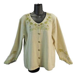 VTG Storybook Knits HSN Cardigan Women L Cream PEARLS OF LOVE Cotton Sweater